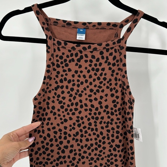 Old Navy brown leopard print ribbed bodycon side slit summer work dress midi - Picture 3 of 9